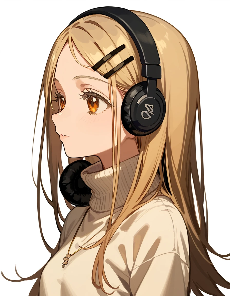 shinosawa hiro,slender,orange eyes,blonde hair,long hair,hairclip,white background,line art BREAK turtleneck,upper body,headphones,from side,