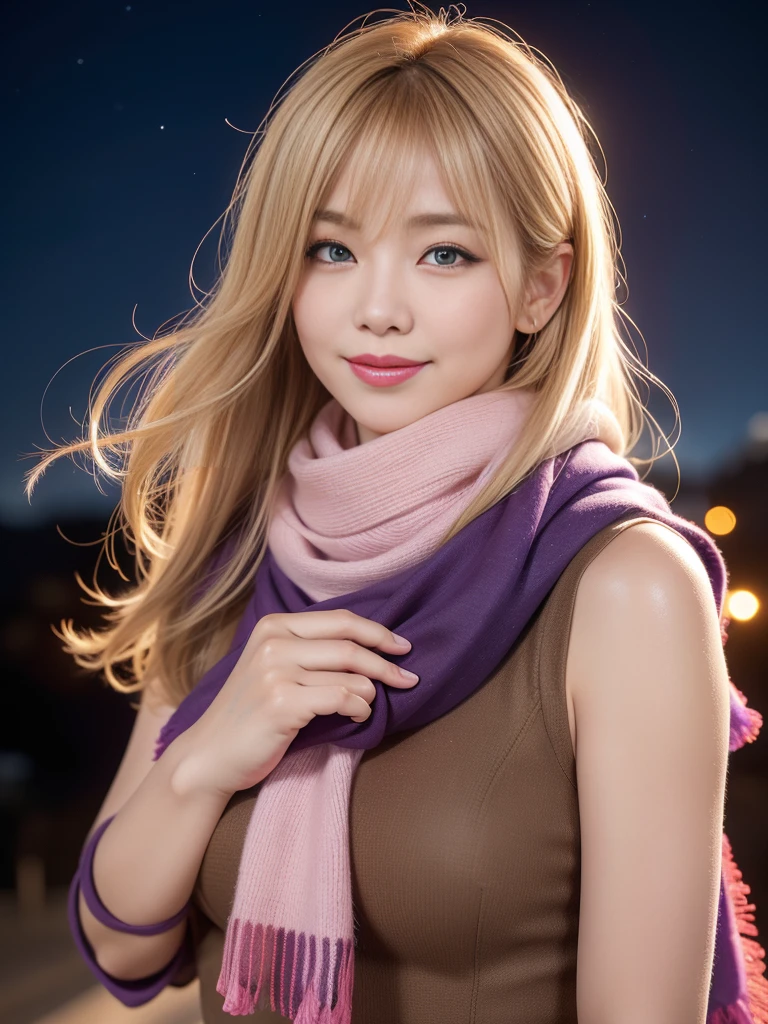 1girl, ahoge, bangs, blonde hair, blowing kiss, blue eyes, blue scarf, brown scarf, cleavage, closed mouth, eyelashes, face, floating hair, hair between eyes, heart, lips, lipstick, long hair, looking at viewer, makeup, night sky, nose, one eye closed, orange scarf, pink lips, pink scarf, portrait, purple eyes, realistic, red lips, red scarf, scarf, signature, smile, solo, space, spoken heart, star (sky), starry sky, upper body, watermark, yang xiao long, yellow scarf