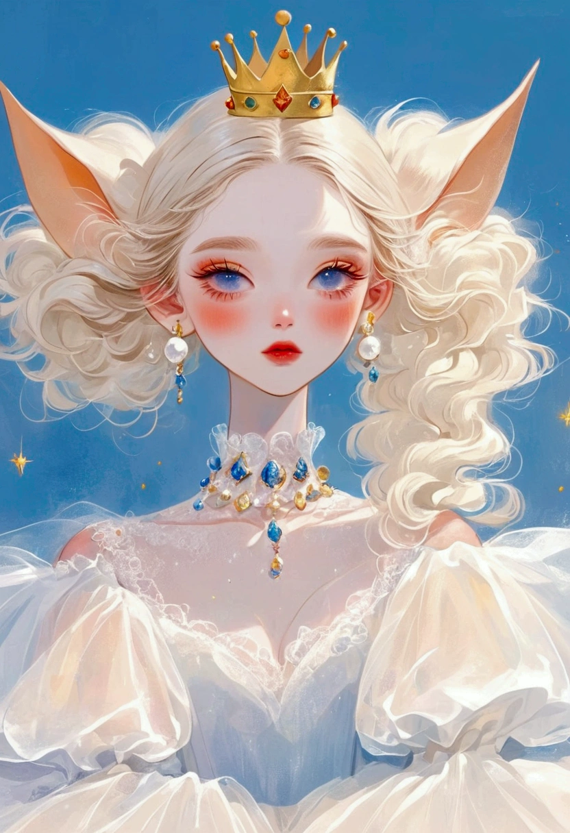 Pastel Art：1 beautiful and elegant girl，Elf ears，Golden crown，Puffy Tulle Dress，Exaggerated sleeves，Fluffy，FluffyWhite薄纱，White+blue+orange color