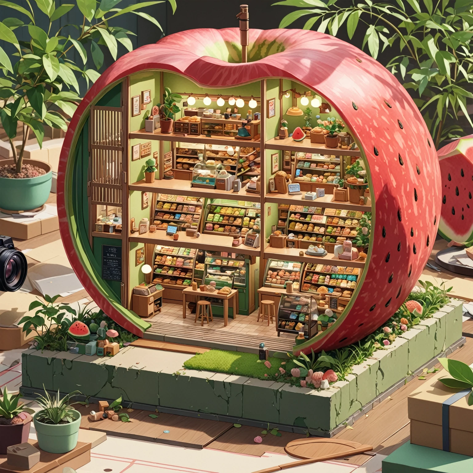 ((Japanese cartoons:1.4,illustration)),(masterpiece, Top quality, best quality),(Extremely detailed, Absolute resolution),((16K, high resolution)), (((There is a watermelon shell in the forest，Miniature model of a bakery store with half of its interior hollowed out, Rich in details, microscopic photo, Photorealism)) ((cosy lofi illustration:1.4)), ((Japanese cartoons:1.4, illustration)),(masterpiece, Top quality, best quality),(Extremely detailed, Absolute resolution),((16K, high resolution)) rest {lofi style, Laurie Greesley&#39;s Style, Makoto Shinkai&#39;s style, Japanese cartoons aesthetic}, rest { (Generates images containing over 40 million pixels of information，Textures with Sony DSLR-like details).}