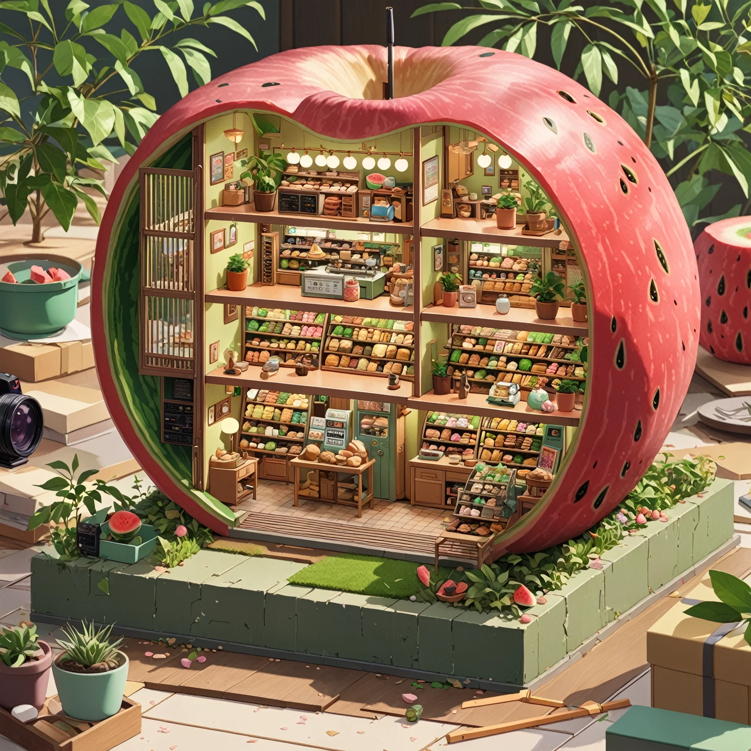 ((Japanese cartoons:1.4,illustration)),(masterpiece, Top quality, best quality),(Extremely detailed, Absolute resolution),((16K, high resolution)), (((There is a watermelon shell in the forest，Miniature model of a bakery store with half of its interior hollowed out, Rich in details, microscopic photo, Photorealism)) ((cosy lofi illustration:1.4)), ((Japanese cartoons:1.4, illustration)),(masterpiece, Top quality, best quality),(Extremely detailed, Absolute resolution),((16K, high resolution)) rest {lofi style, Laurie Greesley&#39;s Style, Makoto Shinkai&#39;s style, Japanese cartoons aesthetic}, rest { (Generates images containing over 40 million pixels of information，Textures with Sony DSLR-like details).}