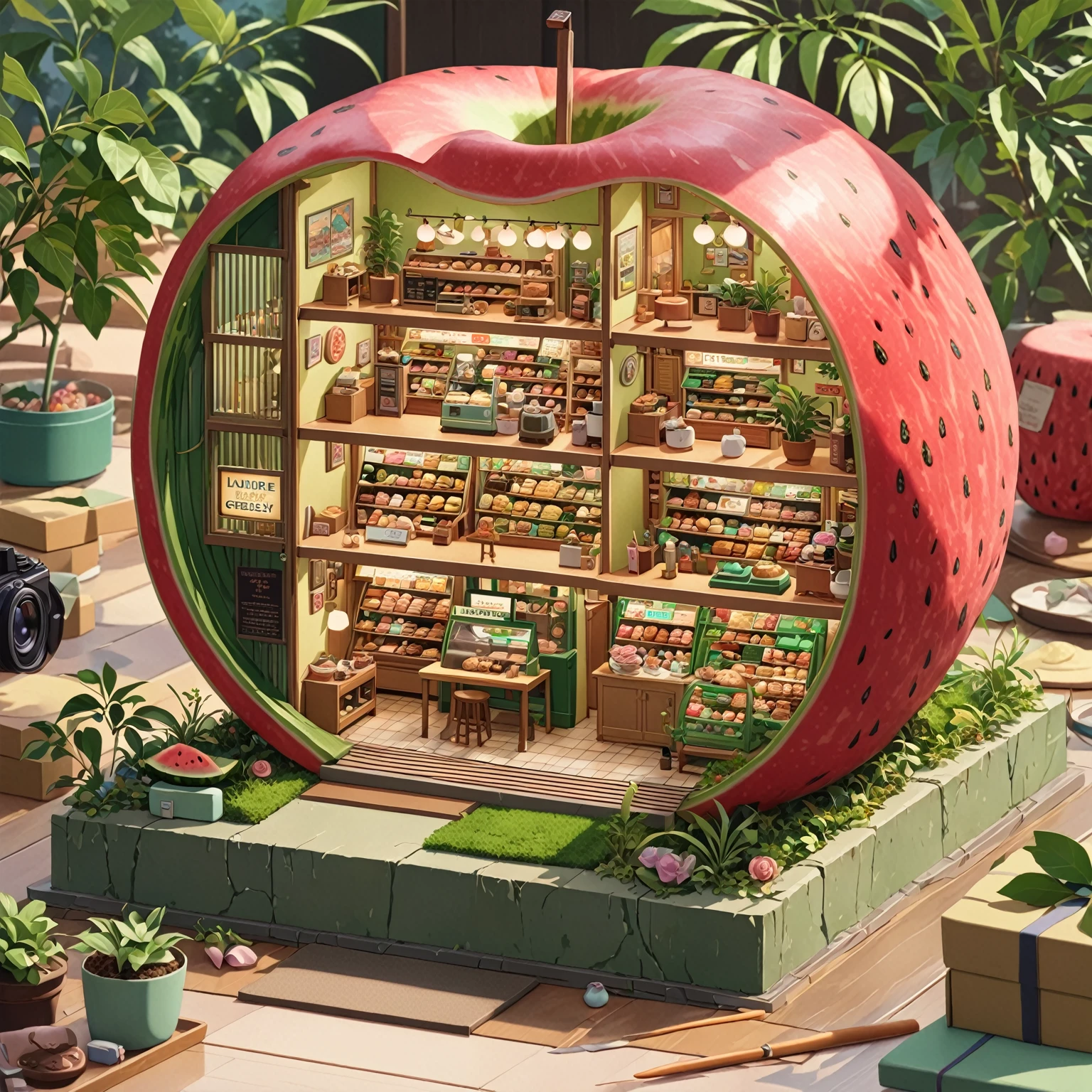 ((Japanese cartoons:1.4,illustration)),(masterpiece, Top quality, best quality),(Extremely detailed, Absolute resolution),((16K, high resolution)), (((There is a watermelon shell in the forest，Miniature model of a bakery store with half of its interior hollowed out, Rich in details, microscopic photo, Photorealism)) ((cosy lofi illustration:1.4)), ((Japanese cartoons:1.4, illustration)),(masterpiece, Top quality, best quality),(Extremely detailed, Absolute resolution),((16K, high resolution)) rest {lofi style, Laurie Greesley&#39;s Style, Makoto Shinkai&#39;s style, Japanese cartoons aesthetic}, rest { (Generates images containing over 40 million pixels of information，Textures with Sony DSLR-like details).}