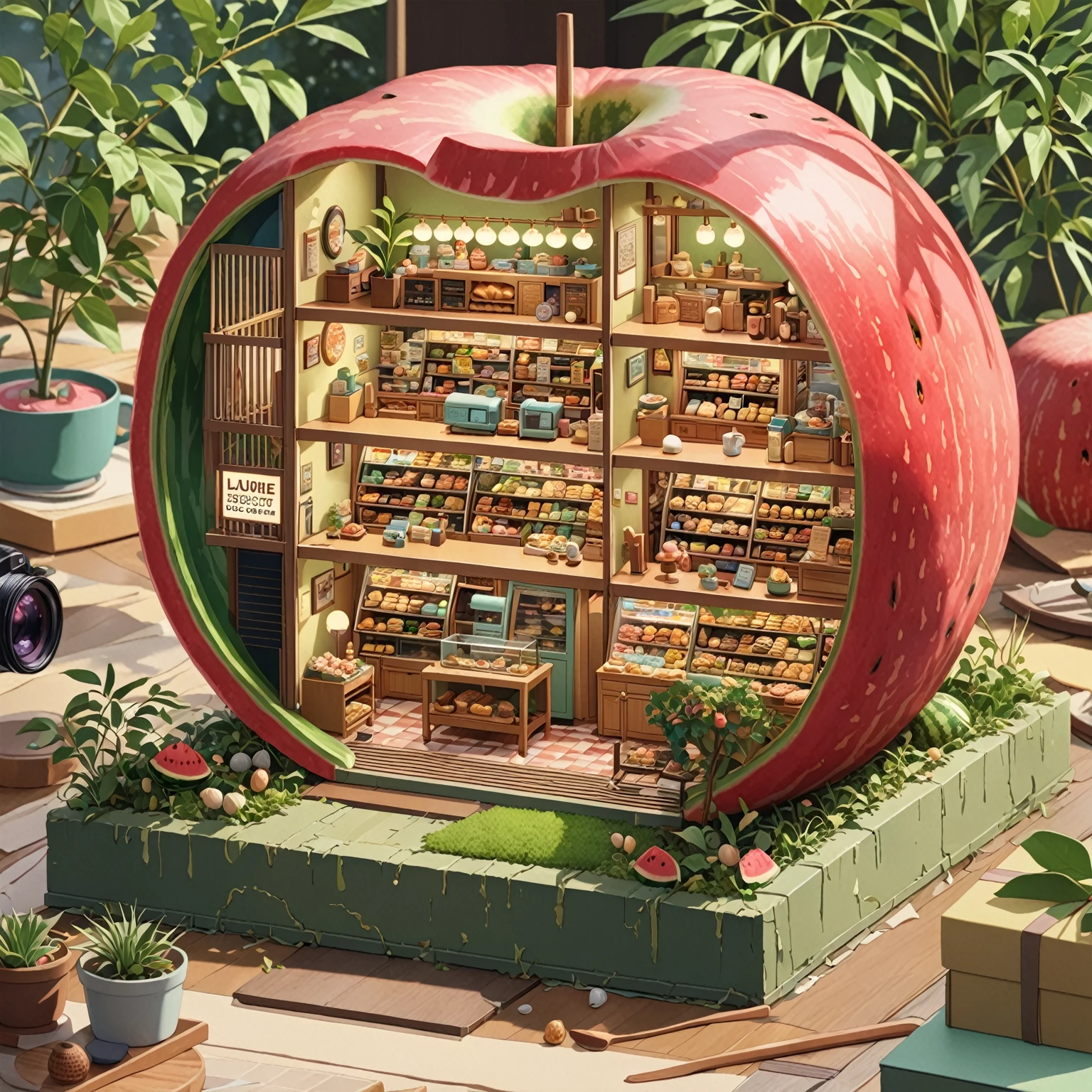 ((Japanese cartoons:1.4,illustration)),(masterpiece, Top quality, best quality),(Extremely detailed, Absolute resolution),((16K, high resolution)), (((There is a watermelon shell in the forest，Miniature model of a bakery store with half of its interior hollowed out, Rich in details, microscopic photo, Photorealism)) ((cosy lofi illustration:1.4)), ((Japanese cartoons:1.4, illustration)),(masterpiece, Top quality, best quality),(Extremely detailed, Absolute resolution),((16K, high resolution)) rest {lofi style, Laurie Greesley&#39;s Style, Makoto Shinkai&#39;s style, Japanese cartoons aesthetic}, rest { (Generates images containing over 40 million pixels of information，Textures with Sony DSLR-like details).}