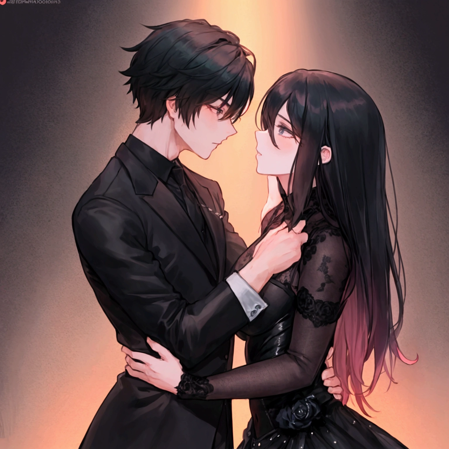 A boy in black clothes kissing a girl standing, anime