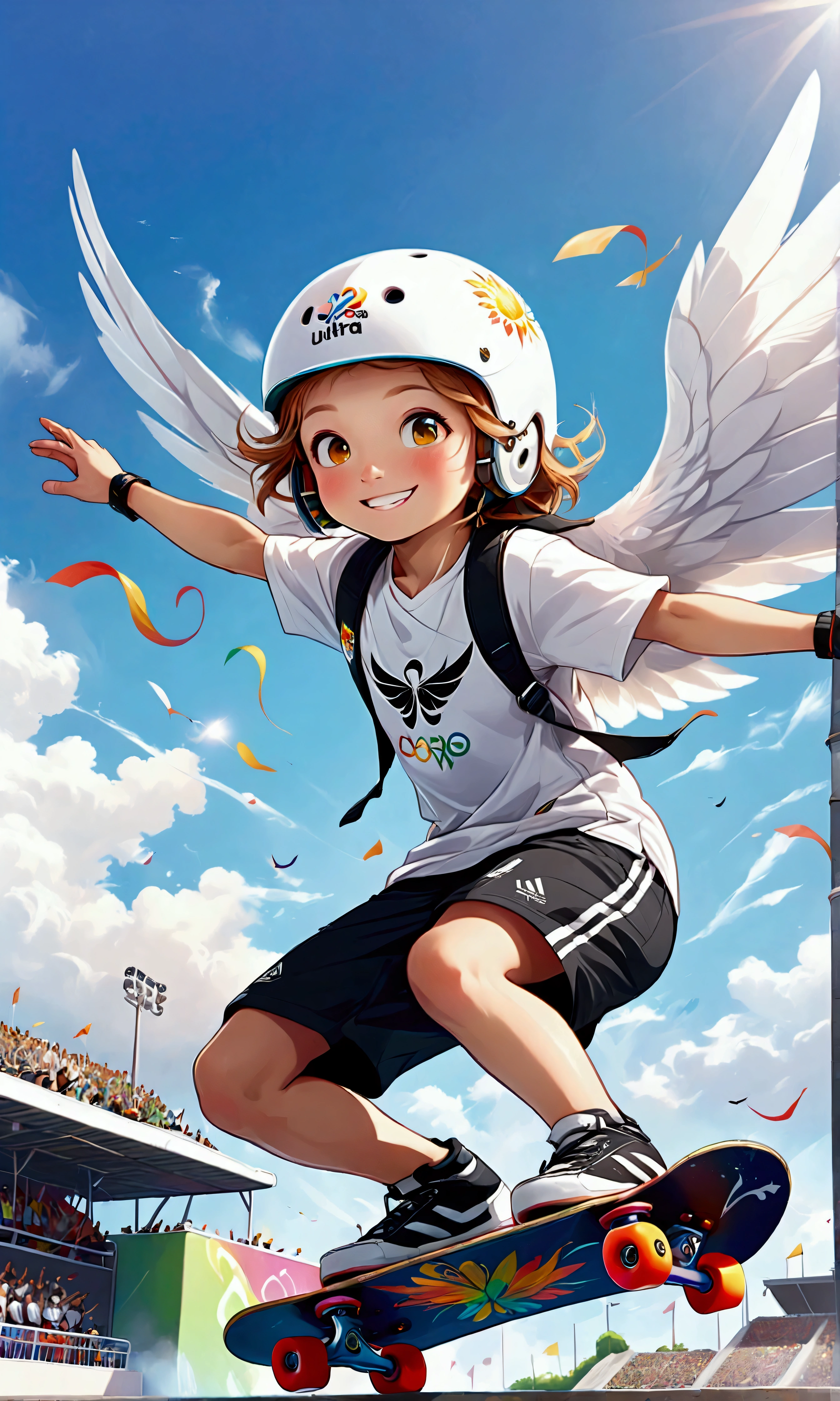 (Summer Olympics Skateboarding Competition: Park: Air),(Smiling skateboarder: girl, 15 years old),An image depicting a skateboarding competition scene at the Summer Olympics. The film focuses on the moment a skateboarder uses the ramp to launch into the air and perform a dynamic air trick at a skate park. The athlete is wearing casual skateboarding clothing and maintains his balance in the air with a concentrated look on his face. In the background you can see the excited atmosphere in the stands and the Olympic logo and flag. The overall atmosphere is energetic and dynamic, and the player's skill and boldness stand out.,dynamic pose,Grows wings like a large bird on the player's back,It's like flying,Uplifting,BREAK,(Wear a sports helmet: 1.3),BREAK,(White and black sportswear: 1.3),BREAK,(Structurally correct skateboard: 1.3),BREAK,white wings,BREAK,halation,The blue summer sky spreads out,wind effect,Sparkling,beautiful light and shadow,((Anatomically correct: 1.3)),((Perfect Anatomy:1.3)),intricate details,(masterpiece:1.3),(highest quality:1.4),(ultra detailed:1.5),High resolution,extremely detailed,unity 8k wallpaper,rich colors,colorful,happiness,fun,best color balance