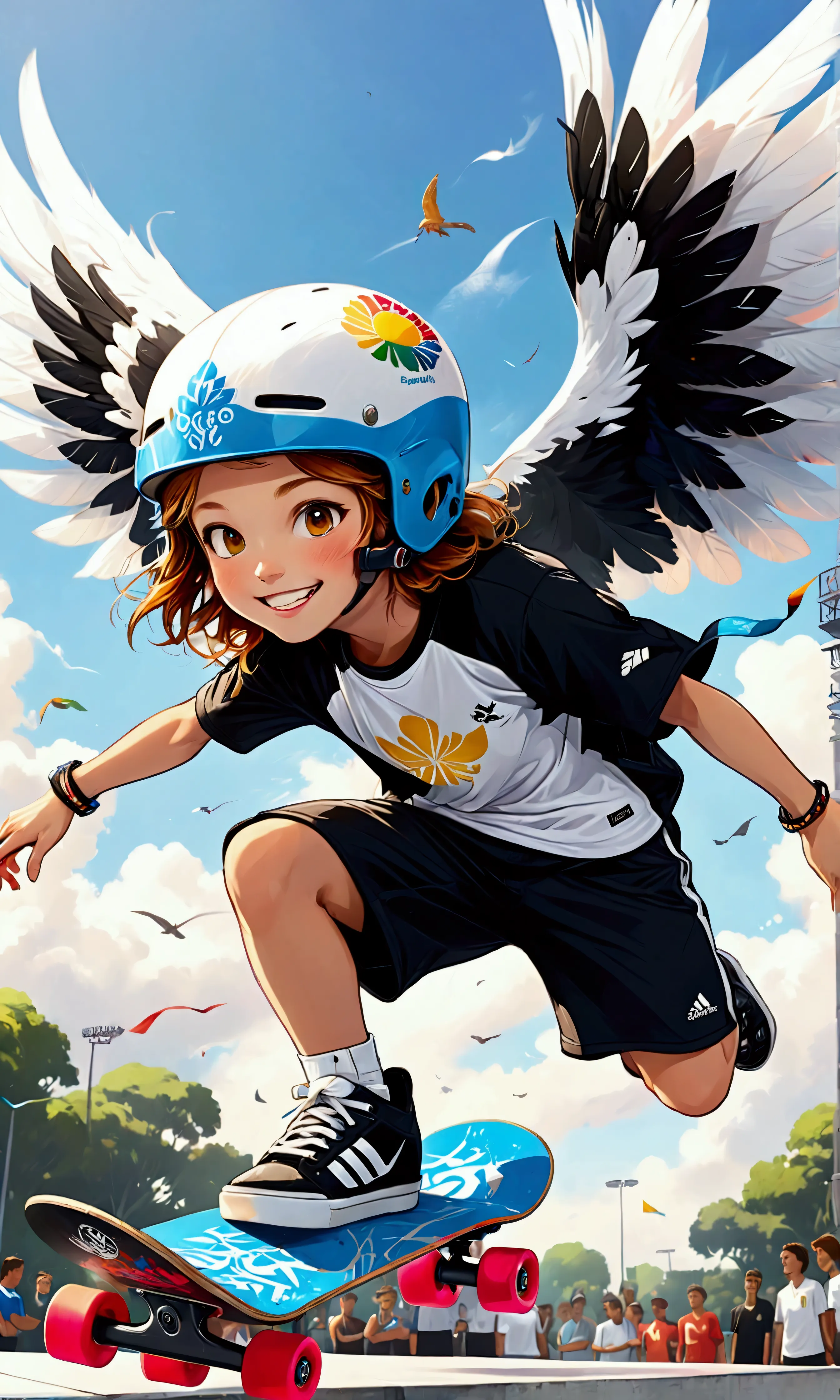 (summer olympics skateboarding competition: park: air),(smiling skateboarder: girl, 15 years old),an image depicting a skateboar...