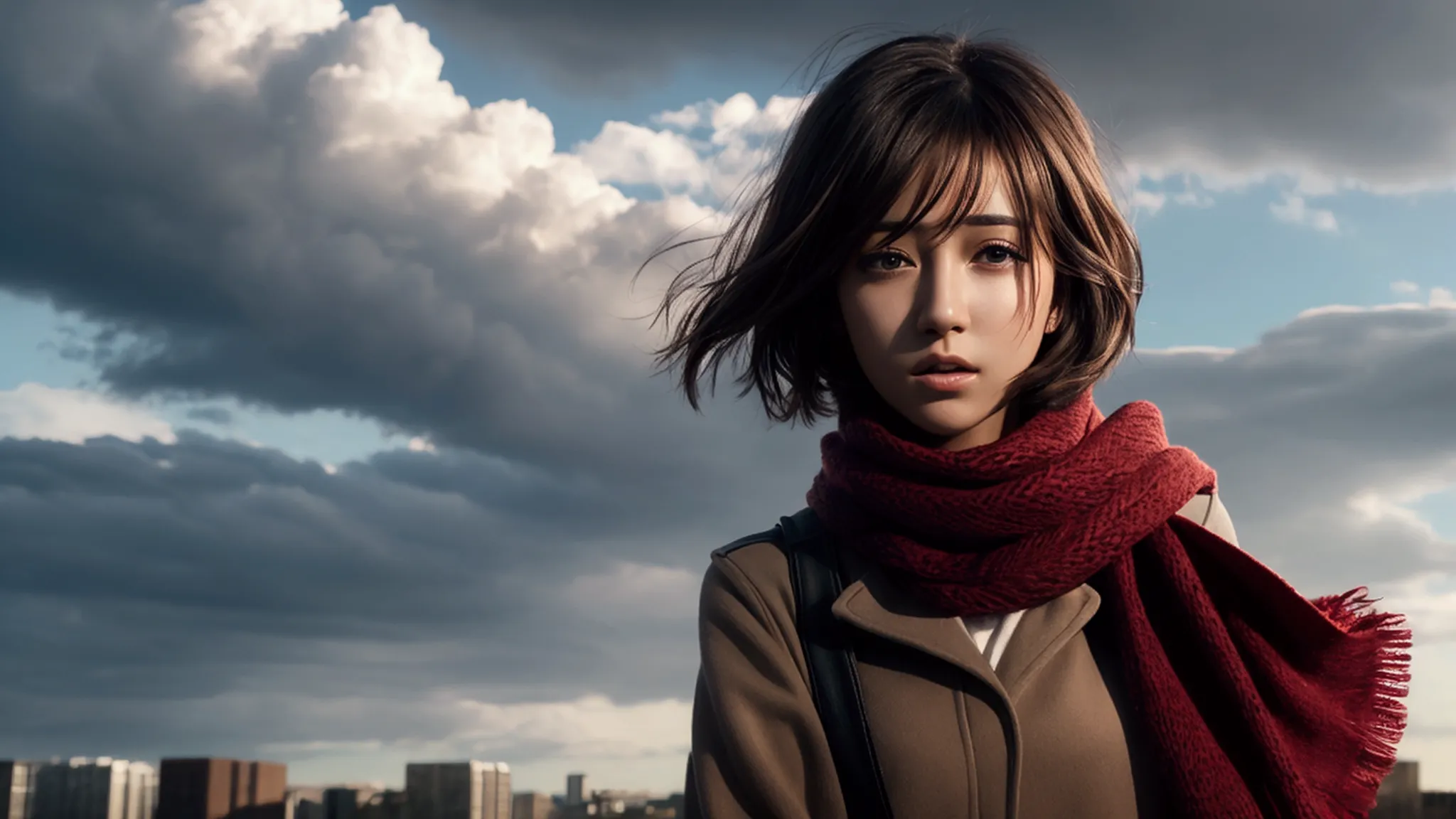a young woman with short hair swaying in the wind holding her red scarf in her hand against a backdrop of a cloudy sky.