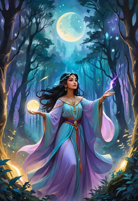 A mystical sorceress of South Asian descent stands within the enchanting frame of a moonlit forest. Her powerful gestures as she...