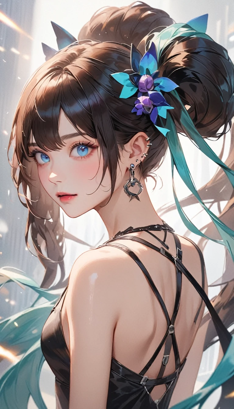 anime調、anime、pretty girl、hatsune miku、hair ornaments、Goth_punk、Gothic lolita fashion、 1 girl, alone,、Highest quality, Realistic, Super delicate illustration, Beautiful and attractive girl, miku hatsune, Slender body, Tied Hair, One Girl, Girl Photos、 Beautiful Blue Eyes, looked back,ear nipple ring、hair ornaments、gem、miku hatsune、RAW Photoasterpiece:1.5、Highest quality、Ultra-high resolution、Medium depth of field、Film Category、