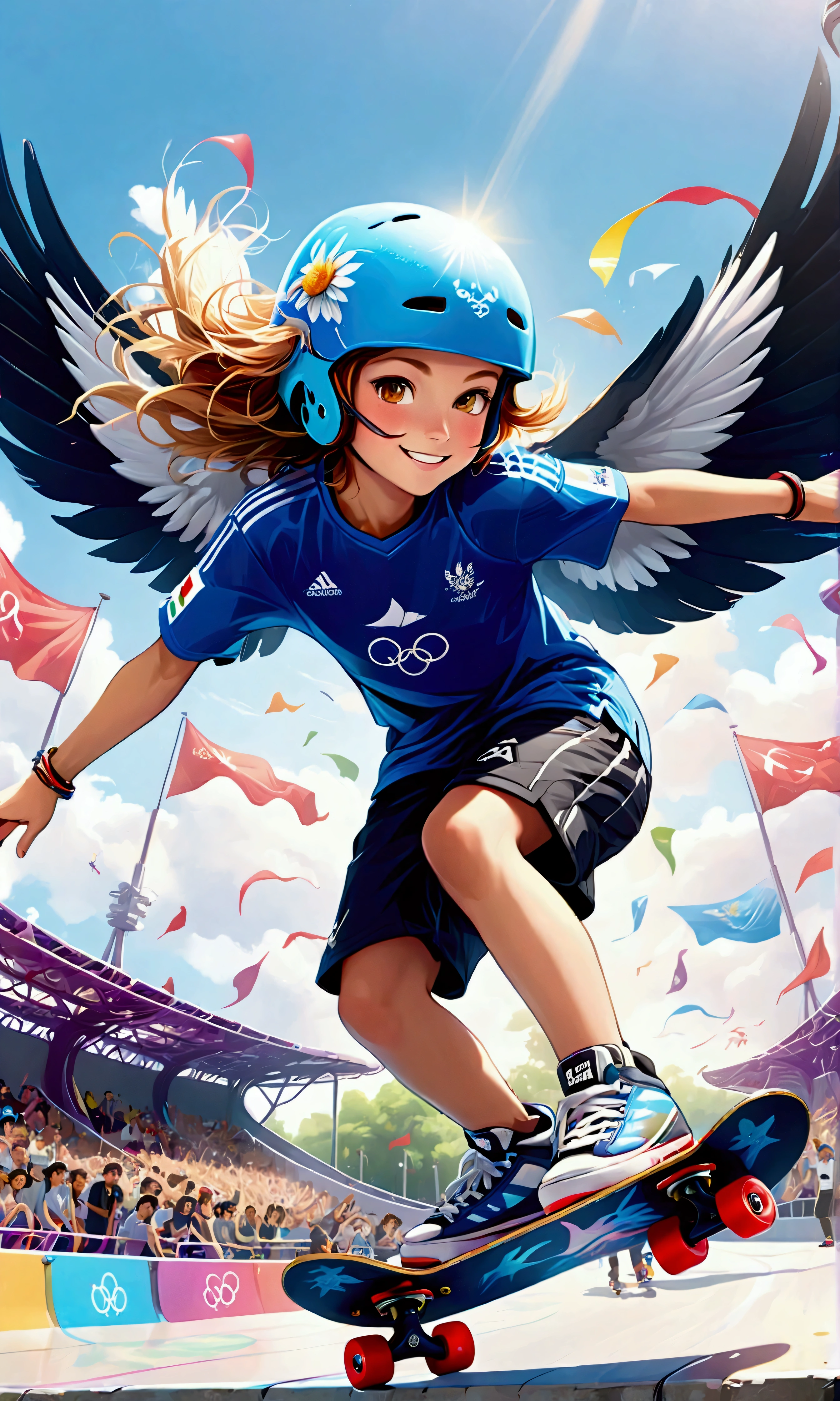 (Summer Olympics Skateboarding Competition: Park: Air),Smiling skateboarder: girl 15 years old,An image depicting a skateboarding competition scene at the Summer Olympics. The film focuses on the moment a skateboarder uses the ramp to launch into the air and perform a dynamic air trick at a skate park. The athlete is wearing casual skateboarding clothing and maintains his balance in the air with a concentrated look on his face. In the background you can see the excited atmosphere in the stands and the Olympic logo and flag. The overall atmosphere is energetic and dynamic, and the player's skill and boldness stand out.,dynamic pose,Grows wings like a large bird on the player's back,It's like flying,Uplifting,BREAK,wear a sports helmet,BREAK,white and black sportswear,BREAK,structurally correct skateboard,BREAK,halation,The blue summer sky spreads out,wind effect,Sparkling,beautiful light and shadow,anatomically correct,perfect anatomy,intricate details,(masterpiece:1.3),(highest quality:1.4),(ultra detailed:1.5),High resolution,extremely detailed,unity 8k wallpaper,rich colors,colorful,happiness,fun,best color balance