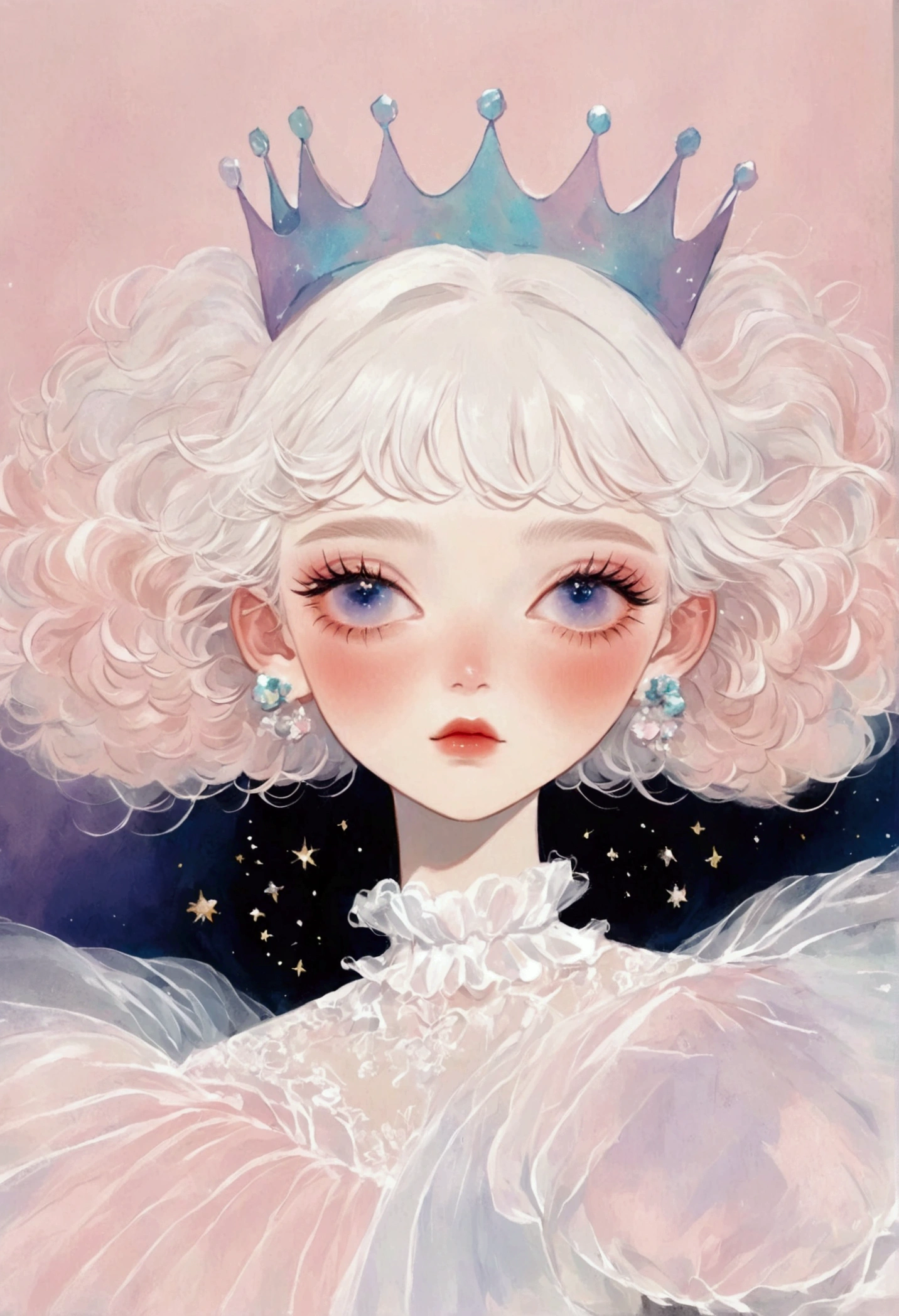 Pastel Art：1 beautiful and elegant girl，White short hair，Delicate hair，White small crown，Puffy Tulle Dress，Exaggerated sleeves，Fluffy，Fluffy紫色薄纱，black background