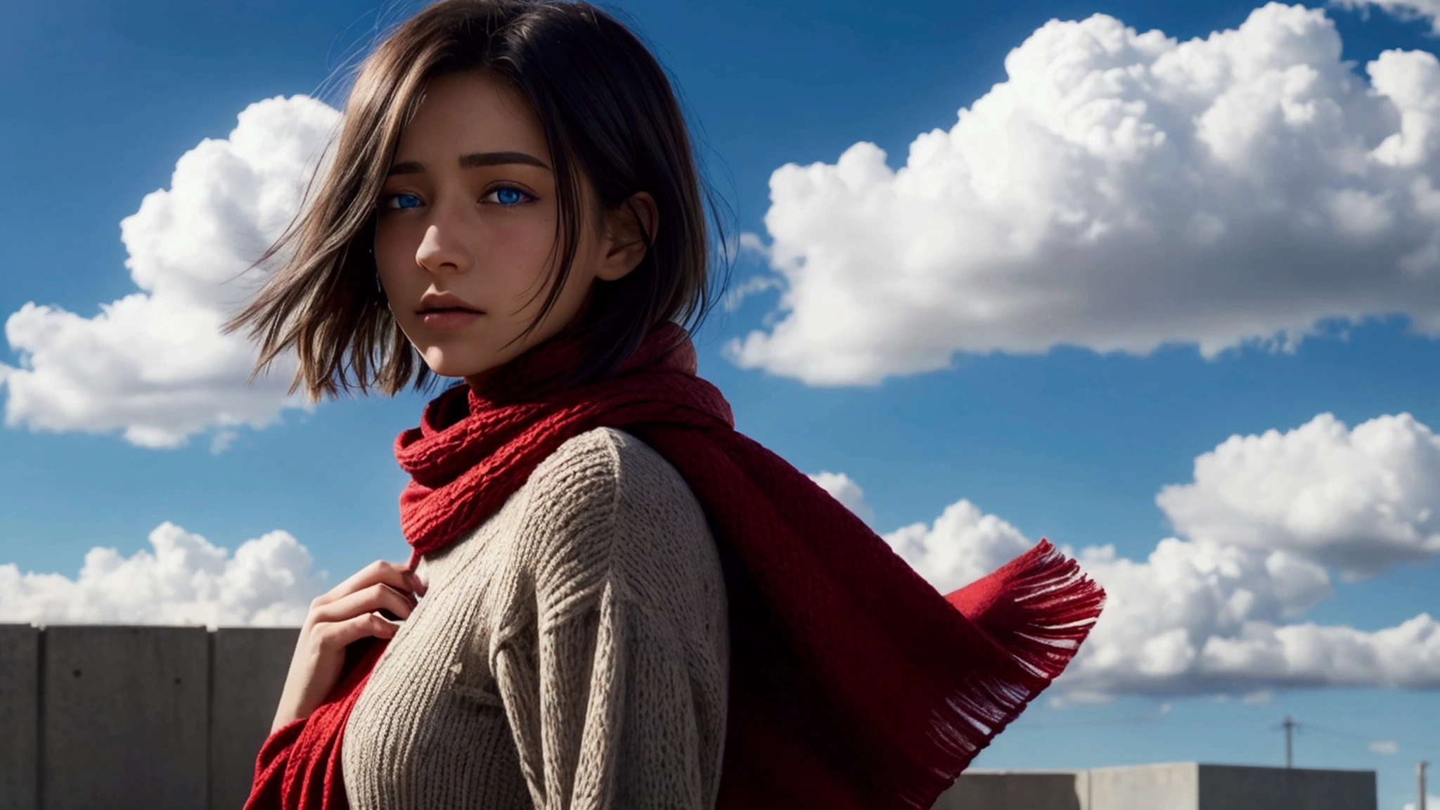 a young woman with short hair swaying in the wind holding her red scarf in her hand. with a background of a blue sky with clouds. with blue eyes and a sad look in her eyes