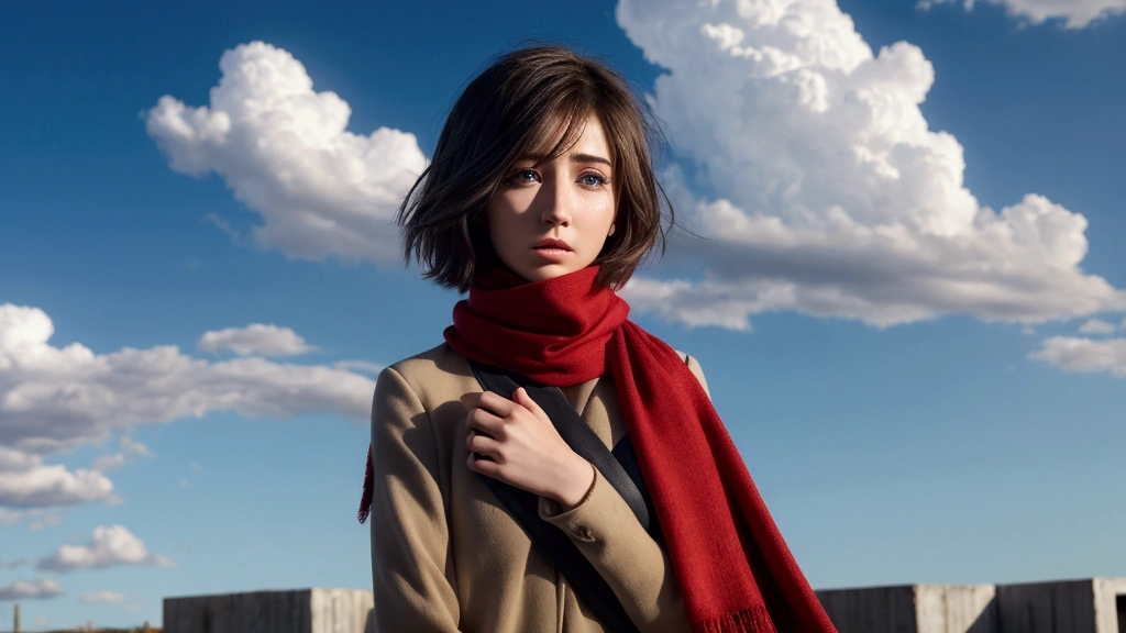 eine junge Frau mit kurzen Haaren, die im Wind weht und ihren roten Schal in der Hand hält. vor dem Hintergrund eines blauen Himmels mit Wolken. mit blauen Augen und einem traurigen Blick in den Augen