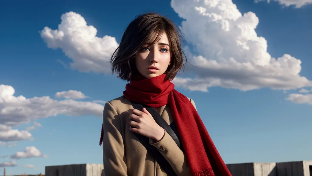 a young woman with short hair swaying in the wind holding her red scarf in her hand. with a background of a blue sky with clouds...