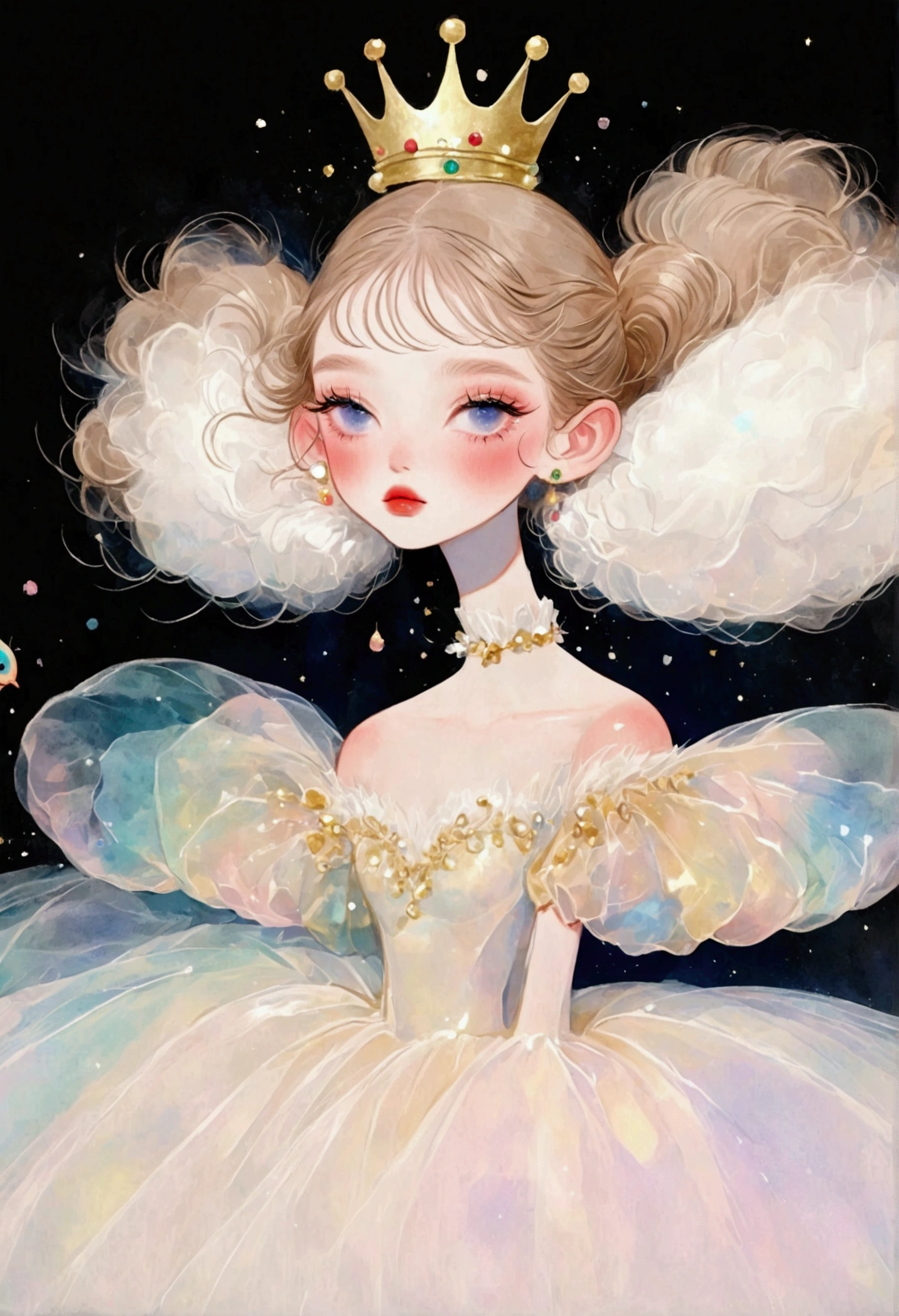 Pastel Art：1 beautiful and elegant girl，Elf ears，Golden crown，(((Puffy Tulle Dress，Exaggerated sleeves，Fluffy，Fluffy白色薄纱)))，Colorful fish，black background