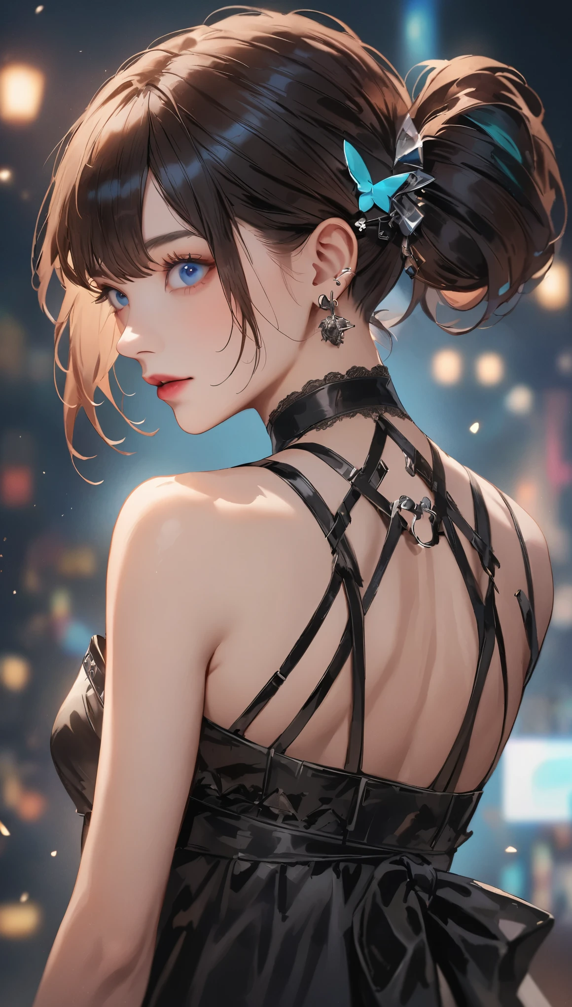 anime調、anime、pretty girl、hatsune miku、hair ornaments、Goth_punk、Gothic lolita fashion、 1 girl, alone,、Highest quality, Realistic, Super delicate illustration, Beautiful and attractive girl, miku hatsune, Slender body, Tied Hair, One Girl, Girl Photos、 Beautiful Blue Eyes, looked back,ear nipple ring、hair ornaments、gem、miku hatsune、RAW Photoasterpiece:1.5、Highest quality、Ultra-high resolution、Medium depth of field、Film Category、