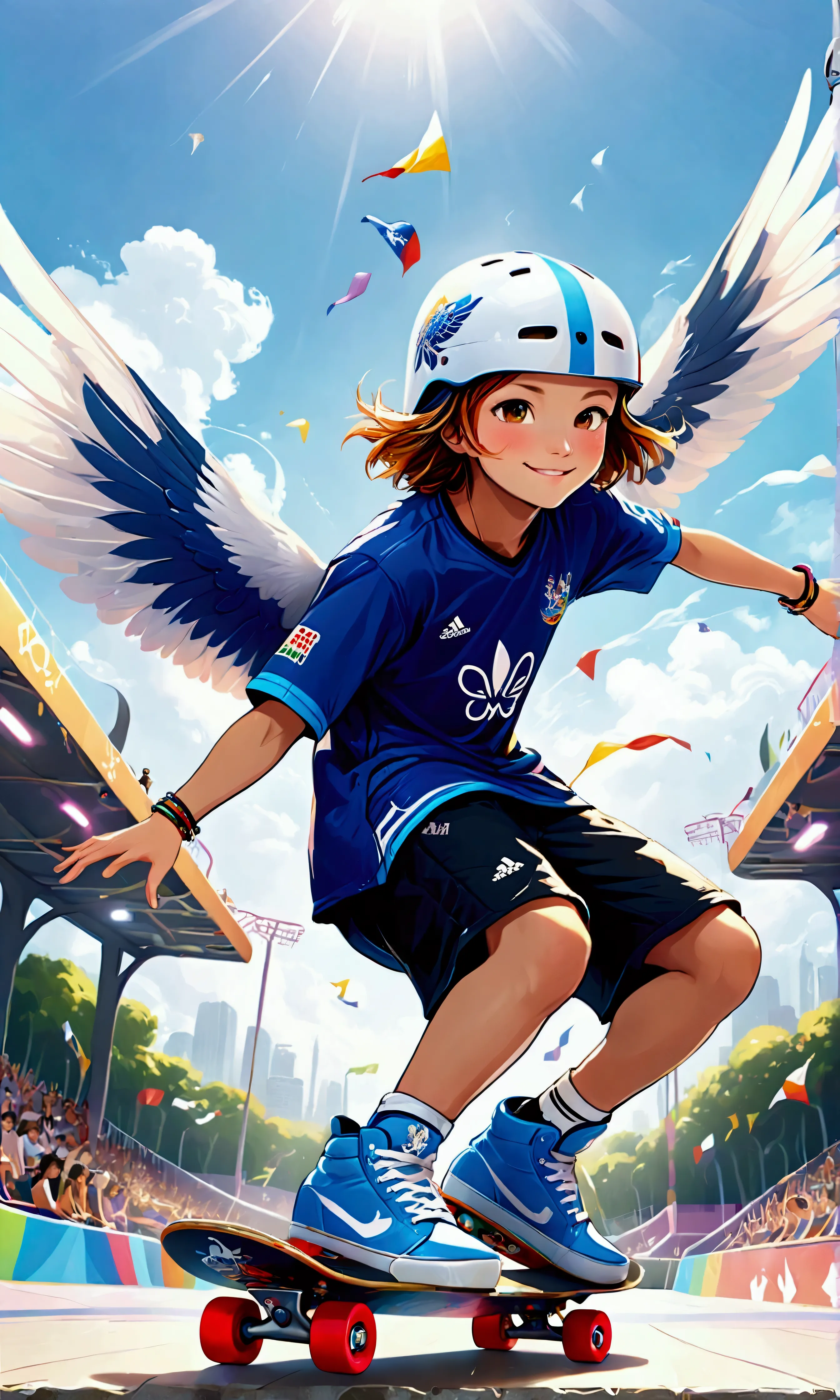 (summer olympics skateboarding competition: park: air),smiling skateboarder: girl 15 years old,an image depicting a skateboardin...