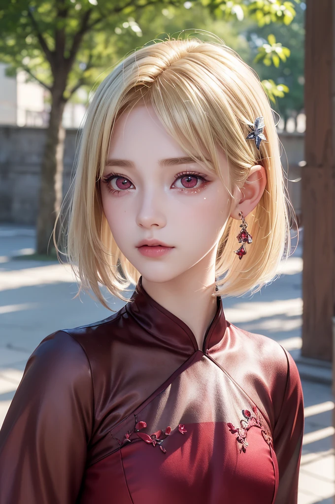 Absurd, (8k, RAW Photos, Highest quality), masterpiece, Super detailed, perfection, Highest quality, Photorealistic, (((One girl:1.2))), (((Blonde girl))), (((alone:1.2))), Fairy, Fairy ears, (((Blonde Shortcut Hair))), (((Burgundy hair tip))), (((Tearful red eyes))), (Oblique red eye, tsurime), Blonde eyebrows, (hair ornaments), (Portraiture:1.34), Face shot, full length:1.5, (((Fashion model posing))), In the schoolyard, Dawn, Great Shadows, close, ((Red and watery eyes)), (((face close))):1.4, hair ornaments, Black combat uniform, nothing on