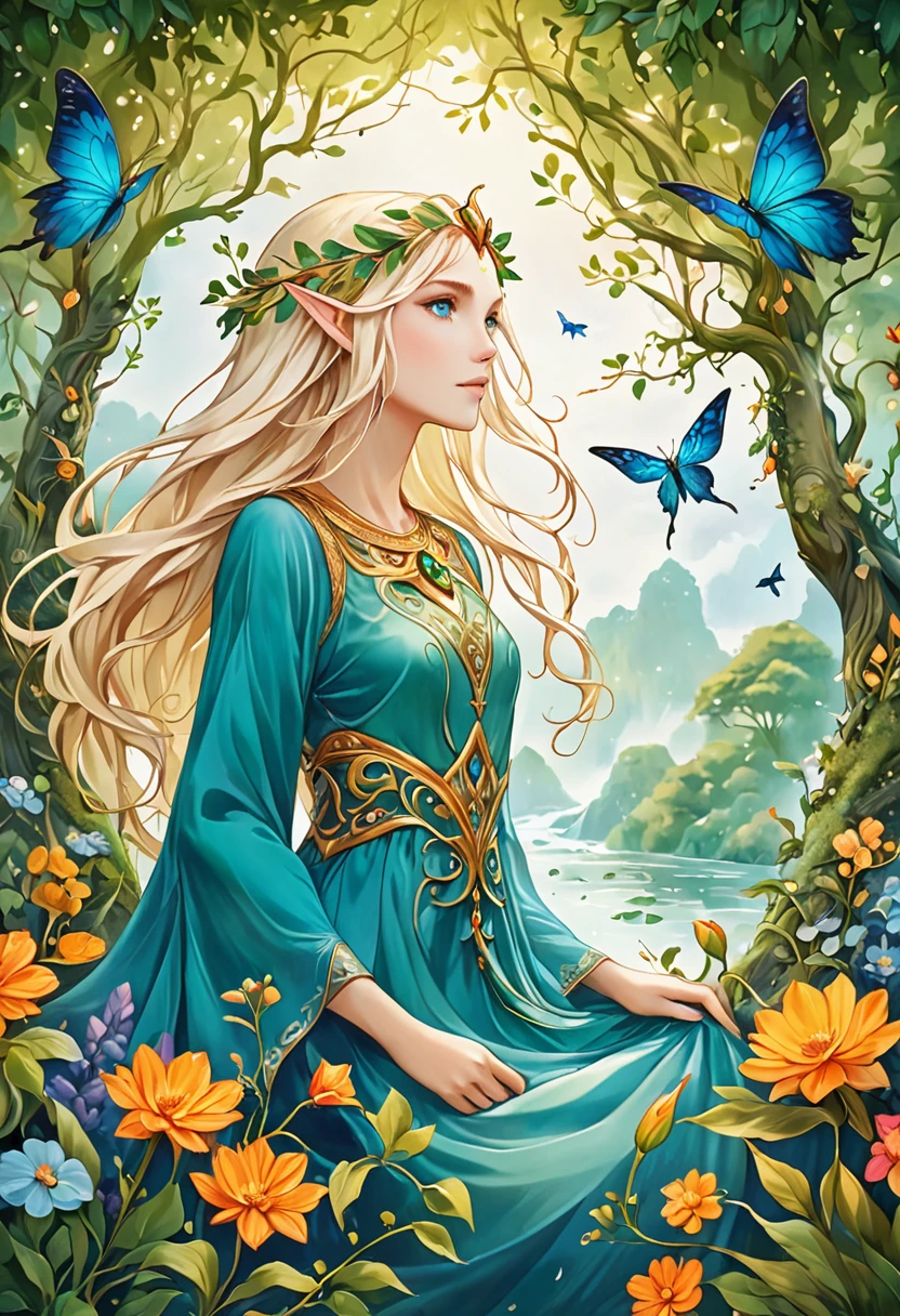 Present an image of a mystical half-elf druid with ethereal white-blonde hair caught in the breeze and enchanting blue-green eyes, symbolizing wisdom and her profound connection with nature. She is adorned in an elegant flowing blue dress and beautiful golden jewelry, all set in an enchanting, colorful and vibrant nature in the style of a traditional fantasy painting. The image takes inspiration from a medium format camera, illustrating the lush greenery and vibrantly colored flowers associated with the mystical character. Note that the approach should mirror the exquisite attributes of a Hasselblad X1D II 50C, capturing details with perfection, embracing the essence of this nature-inspired fantasy scene.