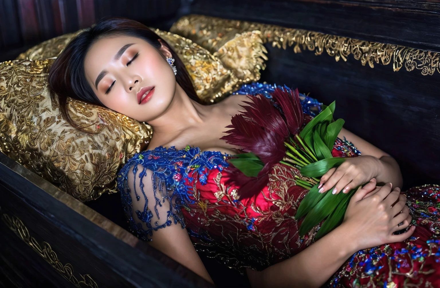 In a striking 8K HDR scene, a stunning Korean woman, 22 years old, lies peacefully in a black coffin surrounded by plush pillows. The deep box is set against a rich black background, accentuating the beauty of the subject. Her exquisite deep-V neckline kebaya attire is embroidered with superb detail, showcasing her round and firm breasts, perfect cleavage, and beautiful eyebrows. Her closed eyes and mouth give an air of serenity, while her visible and absolute cleavage leave nothing to imagination. The scene is bathed in saturated colors, highlighting every intricate aspect from the ball skirt to her clean face, straight body, detailed hand perfect hands, straight body, own hands together, own hand on stomach, detailed hands, perfect hands.