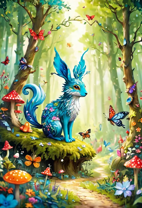 Craft a mystical forest adorned with whimsical creatures. For the dominant creature, let it be a creature of grace, as it saunte...