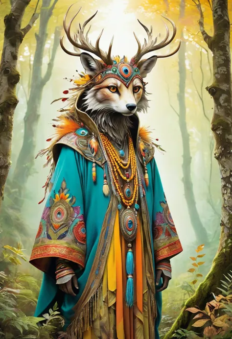 Create an image of a mystical creature that resembles a humanoid animal, draped in heavy, richly decorated garments. Its head sh...