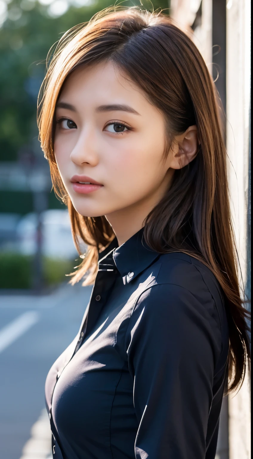 Detailed face、Detailed eyes、Detailed mouth、Detailed nose、(Very tight buttoned shirt:1.3)、(Shooting from the side:1.2)、Very cute girl、beautiful girl、Big Breasts、Cute Japanese Woman、17 years old、high school girl、Young girl