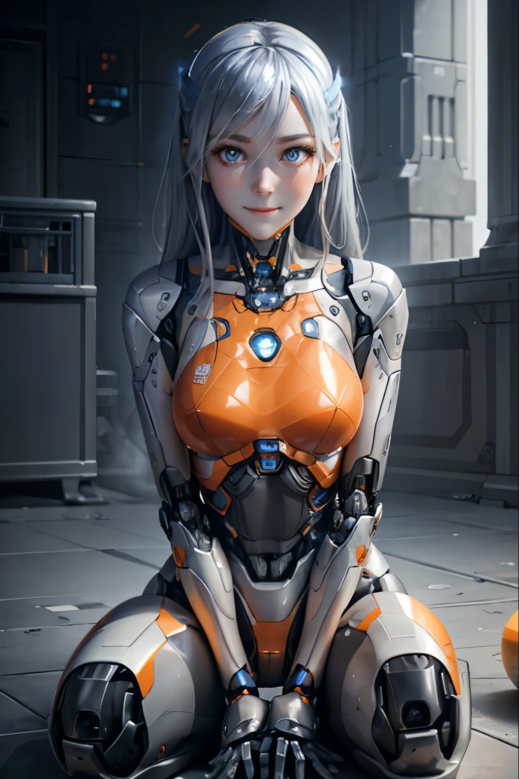 Female Robot。Orange body。Shiny body、Silver material、The glass parts glow blue、Sit on the ground。masterpiece、Gray Hair、mature、Android、blue eyes、Upper Body、Blushed cheeks、Beautiful robot、sense of exaltation、Old-fashioned smile、Age 25、Asian。