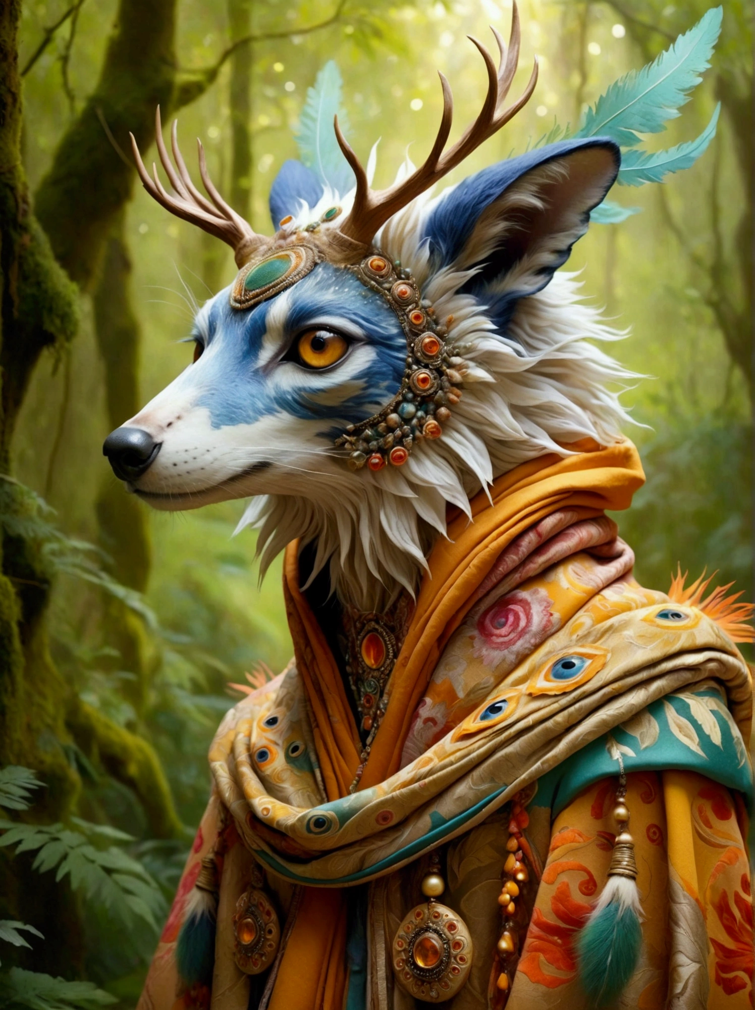 Create an image of a mystical creature that resembles a humanoid animal, draped in heavy, richly decorated garments. Its head should feature a distinct combination of animalistic and human facial elements, and its eyes should glow with a warm, enchanting light. The overall palette should be dynamic, with vibrant colors especially accentuated in the figure's attire and facial features. The background should be a blurry array of natural hues, suggesting a traditional woodland setting.