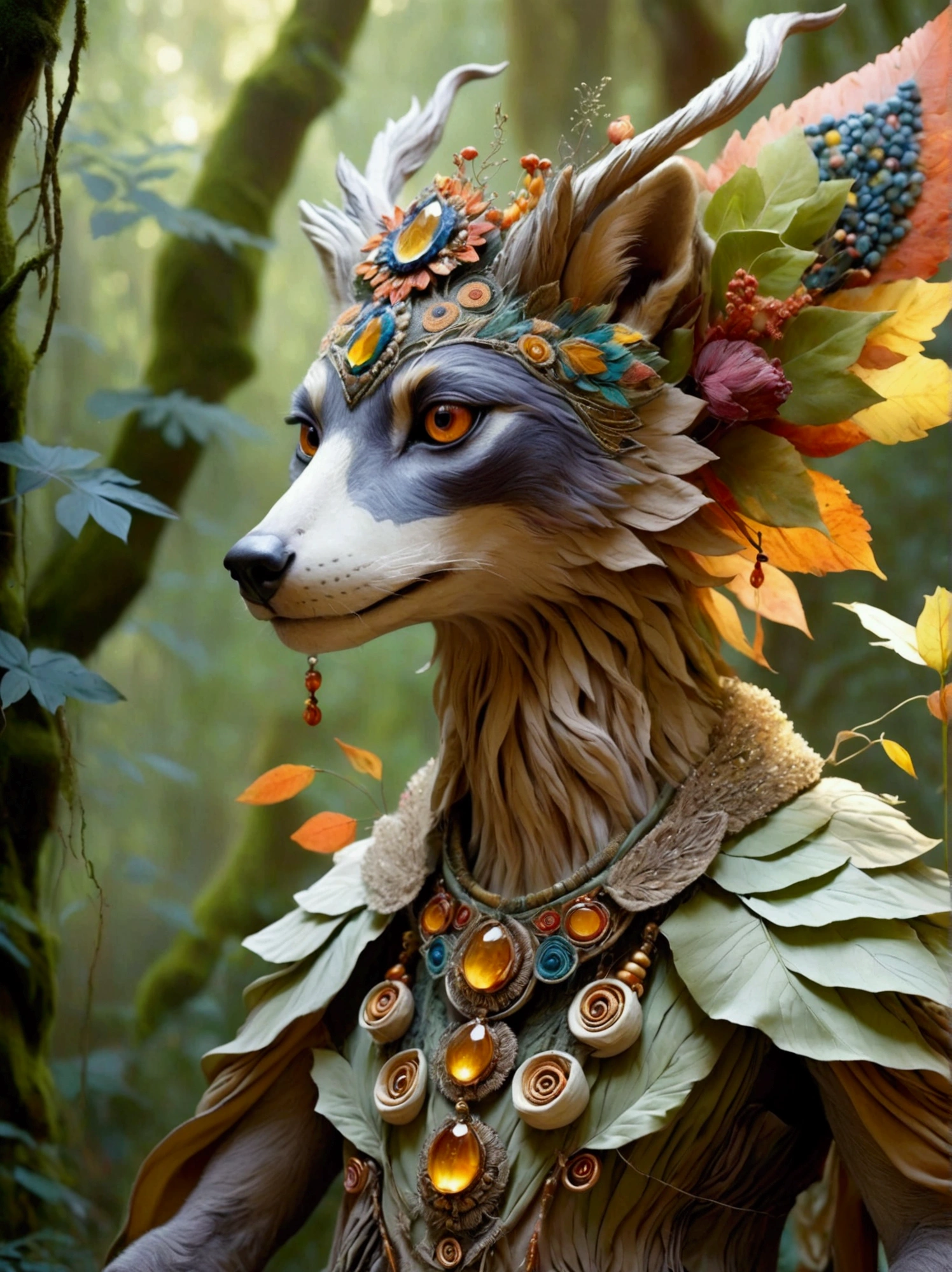 Create an image of a mystical creature that resembles a humanoid animal, draped in heavy, richly decorated garments. Its head should feature a distinct combination of animalistic and human facial elements, and its eyes should glow with a warm, enchanting light. The overall palette should be dynamic, with vibrant colors especially accentuated in the figure's attire and facial features. The background should be a blurry array of natural hues, suggesting a traditional woodland setting.