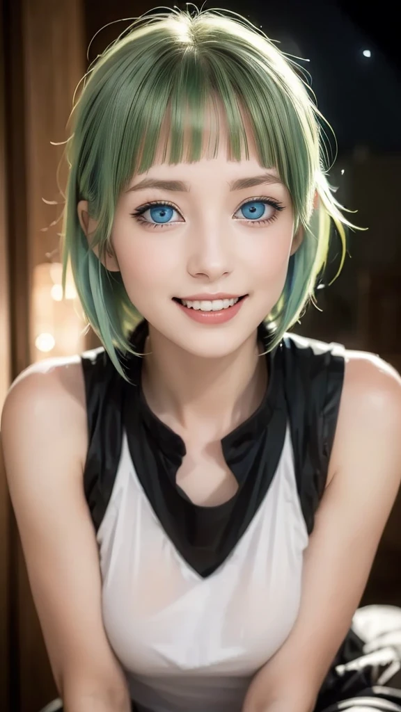 (representative work:1.4), (8K, realistic, RAW photo, Highest image quality:1.4), (24 year old mature woman), (smile:1.3), (side hot:1.5), beautiful face, (realisticな顔), (light green hair, medium hair:1.3), beautiful hairstyle, realistic eyes, Detailed and beautiful eyes, (realisticな肌), beautiful skin, (close up:1.3), charm, 超High resolution, ((dark night:1.4)), (blue eyes;:1.3)