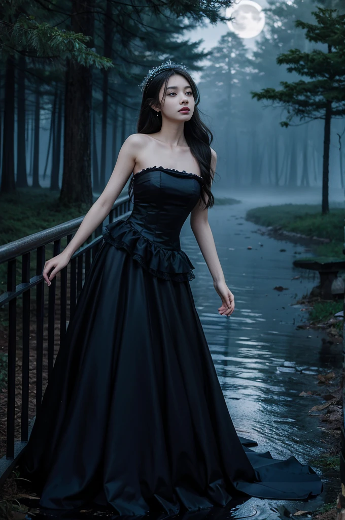 death,strapless dress, Deep in Wonderland，Moonlight falls like water，Foggy Room，The heroine&#39;s figure is vaguely visible，Like a fairy in a painting，Slender sexy legs，Very beautiful legs，Large Breasts，Visible cleavage，美丽而又带着一丝mystery的色彩。Her face is beautiful and delicate，Showing extraordinary beauty。Twinkling Stars，Show the light of perseverance and wisdom。The bridge of the nose is straight，Cherry lip color，The slightly upturned corners of the mouth reveal confidence and calmness。Clearly defined face，Skin like jade，Reveal healthy glow，Just like fairies, Her makeup is light and delicate，No excessive embellishment，Show her temperament and charm。Light foundation highlights the translucence of the skin，A light eyebrow pencil outlines her perfect eyebrow shape，Eye makeup is eye shadow and eyeliner，Make her eyes brighter、Energetic。嘴唇涂上grace的口红，Add a touch of charm and sophistication。Clothes fluttering。Hair tied haphazardly behind the head，Secure with a jade hairpin，A few strands of hair fluttering gently in the wind，Add a touch of softness。Beautiful landscape，Attracted everyone&#39;s attention。Large Breasts美丽、grace、mystery、Full of power。