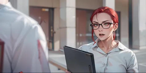 40-year-old woman, teacher, her look is evil, she is malevolent, dangerous, intimidating , red hair