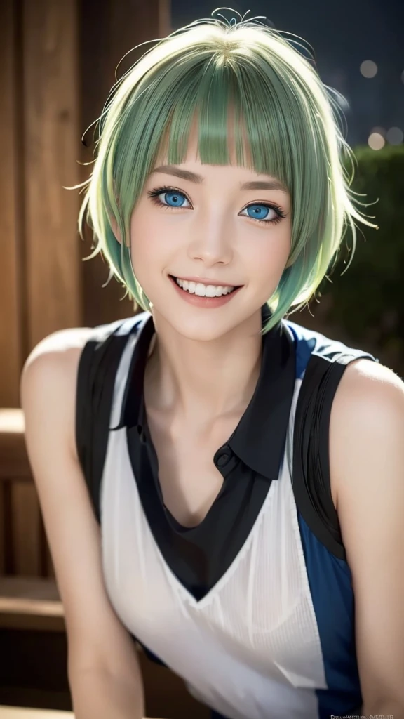 (representative work:1.4), (8K, realistic, RAW photo, Highest image quality:1.4), (24 year old mature woman), (smile:1.4), beautiful face, (realisticな顔), (light green hair, medium hair:1.3), beautiful hairstyle, realistic eyes, Detailed and beautiful eyes, (realisticな肌), beautiful skin, (close up:1.3), charm, 超High resolution, ((dark night:1.4)), (blue eyes;:1.3)