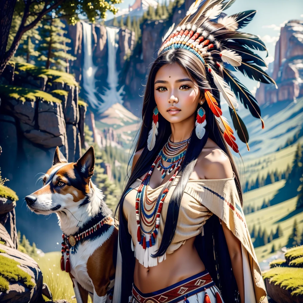 a beautiful native north american woman in sexy native American clothes with her dog, green grass, trees, flowers, mountains, full-lenght, high detailed, realistic full-lenght photo ((best quality)), ((masterpiece)), detailed soft oil painting, detailed background, dramatic cinematic lighting, soft edge lighting, professional, dramatic lighting, hard edge lighting, ultra quality, 4k,(masteriece, best quality, 8k, ultra highres, highres:1.4), extremely detailed, beautiful girl, high detail skin, high detail eyes, high detail hair, high rest , ultra detailed, sharpen picture, Highly detailed, masterpiece, best quality,perky breasts, supermodel body, long hair, native American, dark skin, feathers, hair ornament, jewelry, necklace, tribal, headdress