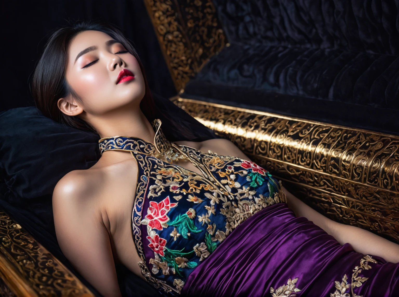 In a striking 8K HDR scene, a stunning Korean woman, 22 years old, lies peacefully in a black coffin surrounded by plush pillows. The deep box is set against a rich black background, accentuating the beauty of the subject. Her exquisite deep-V neckline kebaya attire is embroidered with superb detail, showcasing her round and firm breasts, perfect cleavage, and beautiful eyebrows. Her closed eyes and mouth give an air of serenity, while her visible and absolute cleavage leave nothing to imagination. The scene is bathed in saturated colors, highlighting every intricate aspect from the ball skirt to her clean face, straight body, detailed hand perfect hands, straight body, own hands together, own hand on stomach, detailed hands, perfect hands.