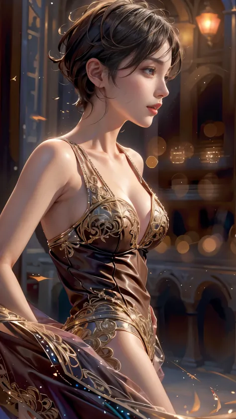 Highest quality, Realistic, photoRealistic, Award-winning photography, (Intricate details: 1.2), (Subtle details), (Intricate details), (Cinematic Light, Super sexy short hair woman, matador, Bullring, huge firm bouncing chests, dynamic sexy pose, Upper body close-up),