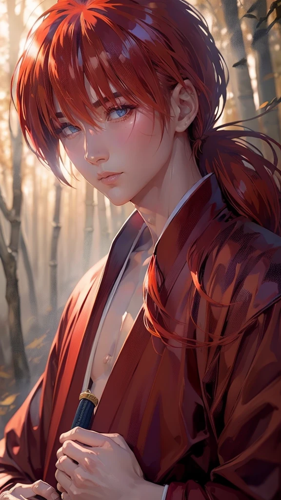 Kenshin Himura（Sword Sai）、Portraiture、Highly detailed eyes and face、samurai、Sharp look、Flowing red hair、A look of determination、Traditional Japanese Clothing、Depicted in a dynamic pose、Soft Ambient Lighting、Bright colors、Bamboo forest background