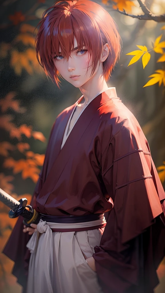 Kenshin Himura（Sword Sai）、Portraiture、Highly detailed eyes and face、samurai、Sharp look、Flowing red hair、A look of determination、Traditional Japanese Clothing、Depicted in a dynamic pose、Soft Ambient Lighting、Bright colors、Bamboo forest background