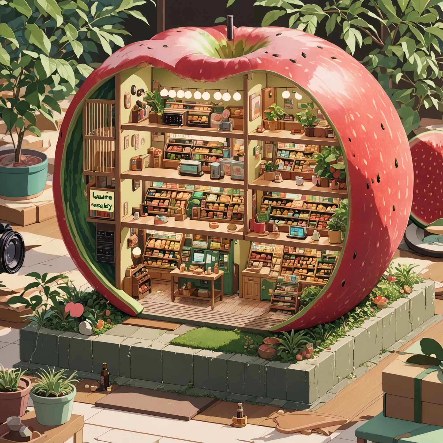 Watermelon shape，Environment in deep forest，((Japanese cartoons:1.4,illustration)),(masterpiece, Top quality, best quality),(Extremely detailed, Absolute resolution),((16K, high resolution)), (((Watermelon shape，A miniature model of a large bread shop inside a watermelon, Rich in details, microscopic photo, Photorealism)) ((cosy lofi illustration:1.4)), ((Japanese cartoons:1.4, illustration)),(masterpiece, Top quality, best quality),(Extremely detailed, Absolute resolution),((16K, high resolution)) rest {lofi style, Laurie Greesley&#39;s Style, Makoto Shinkai&#39;s style, Japanese cartoons aesthetic}, rest { (Generates images containing over 40 million pixels of information，Textures with Sony DSLR-like details).}