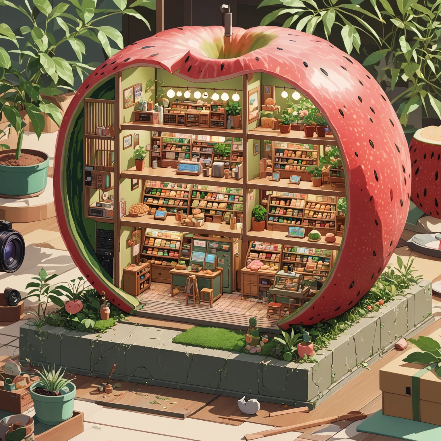 Watermelon shape，Environment in deep forest，((Japanese cartoons:1.4,illustration)),(masterpiece, Top quality, best quality),(Extremely detailed, Absolute resolution),((16K, high resolution)), (((Watermelon shape，A miniature model of a large bread shop inside a watermelon, Rich in details, microscopic photo, Photorealism)) ((cosy lofi illustration:1.4)), ((Japanese cartoons:1.4, illustration)),(masterpiece, Top quality, best quality),(Extremely detailed, Absolute resolution),((16K, high resolution)) rest {lofi style, Laurie Greesley&#39;s Style, Makoto Shinkai&#39;s style, Japanese cartoons aesthetic}, rest { (Generates images containing over 40 million pixels of information，Textures with Sony DSLR-like details).}