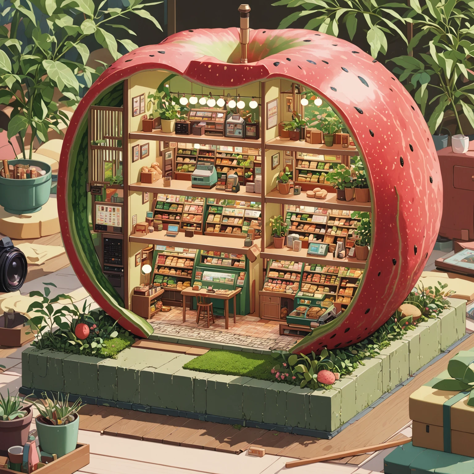 Watermelon shape，Environment in deep forest，((Japanese cartoons:1.4,illustration)),(masterpiece, Top quality, best quality),(Extremely detailed, Absolute resolution),((16K, high resolution)), (((Watermelon shape，A miniature model of a large bread shop inside a watermelon, Rich in details, microscopic photo, Photorealism)) ((cosy lofi illustration:1.4)), ((Japanese cartoons:1.4, illustration)),(masterpiece, Top quality, best quality),(Extremely detailed, Absolute resolution),((16K, high resolution)) rest {lofi style, Laurie Greesley&#39;s Style, Makoto Shinkai&#39;s style, Japanese cartoons aesthetic}, rest { (Generates images containing over 40 million pixels of information，Textures with Sony DSLR-like details).}