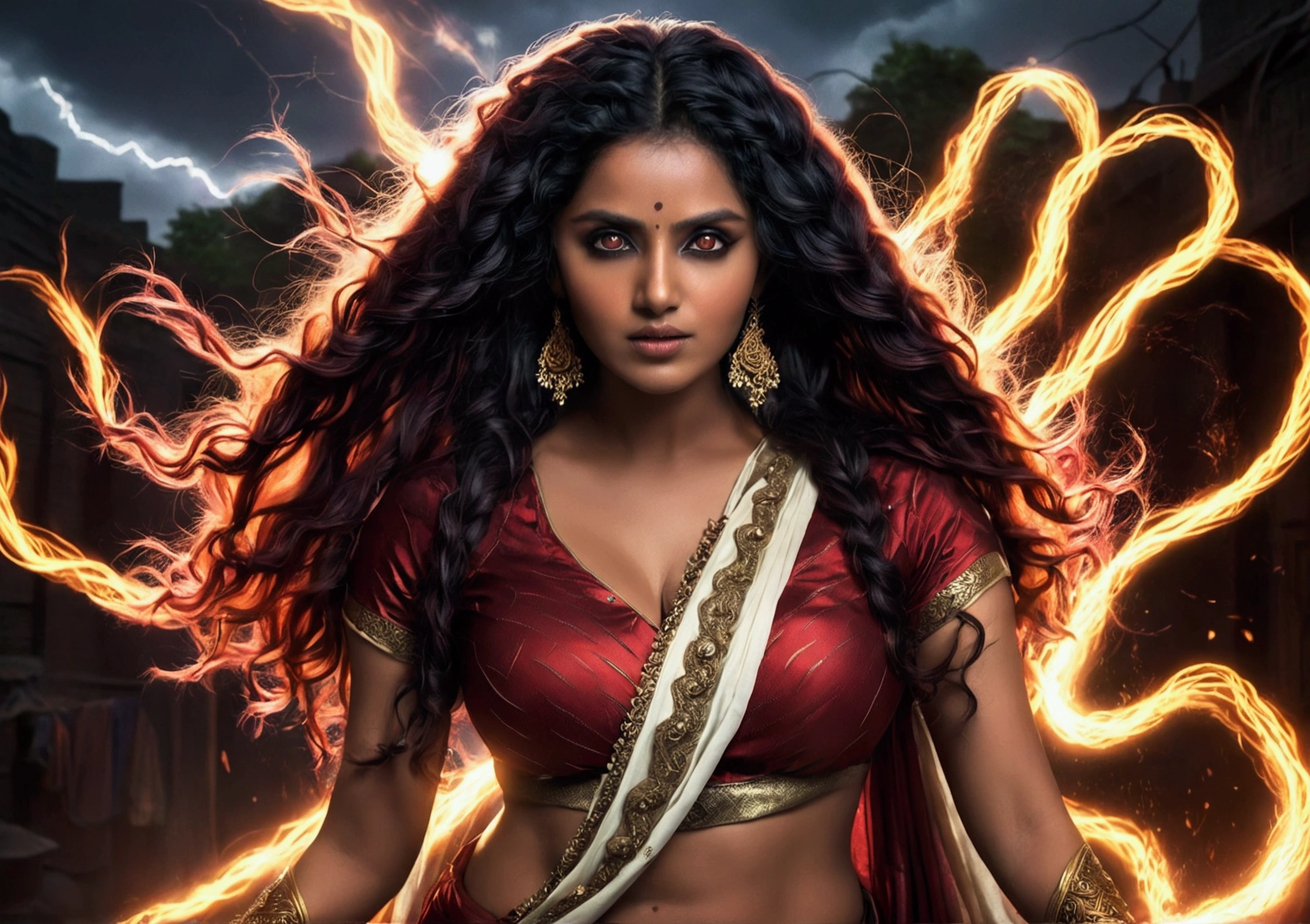 A beautiful Indian woman with thick braided long and red hair, (pale white skin tone), saree, n1p, dynamic action ,, e,black hairs, standing in a mystical background, highly detailed, hyper realistic, 8K, dramatic lighting, cinematic, fantasy, magic, witch, Wanda Maximoff, cosplay, masterpiece, ultra-detailed, photorealistic, vivid colors, HDR, professional, cinematic lighting, dramatic pose, intricate costume details, flowing fabric, intense expression, magical energy, red energy aura, dark moody atmosphere, dramatic shadows, powerful, mesmerizing, captivating, ahsaas, 1girl, thunder storm from eyes, anupama , busty,