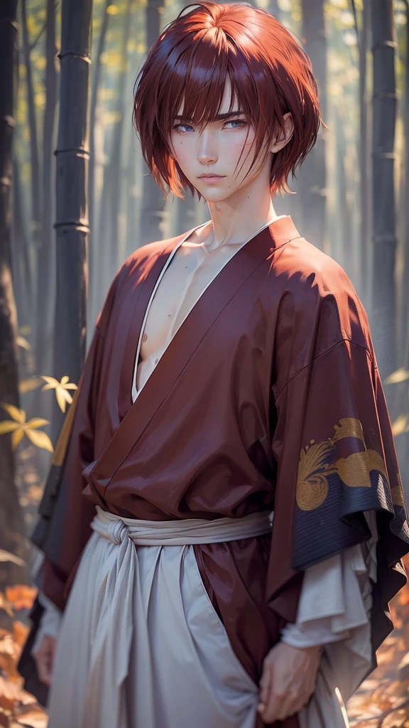 Kenshin Himura（Sword Sai）、Portraiture、Black Hair、samurai、Calm expression、Flowing red hair、A look of determination、Traditional Japanese Clothing、Depicted in a dynamic pose、Soft Ambient Lighting、Bright colors、Bamboo forest background、X mark on face、X mark on left cheek、The x mark on the face is dark、The x mark on the face is large
