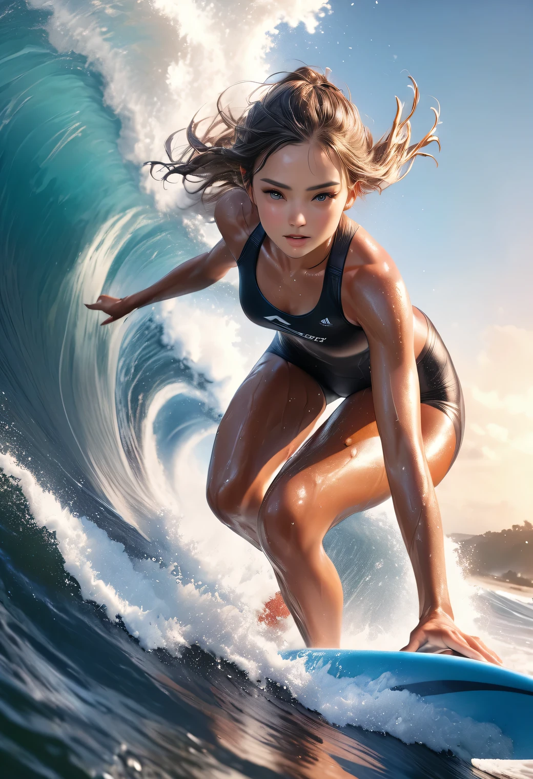 a dynamic sports photography scene, 1girl, cute girl surfing, powerful surfing scene, big wave, beautiful riding pose, stunning surfing riding, (best quality,4k,8k,highres,masterpiece:1.2),ultra-detailed,(realistic,photorealistic,photo-realistic:1.37),HDR,studio lighting,vivid colors,wet skin, bokeh,photography