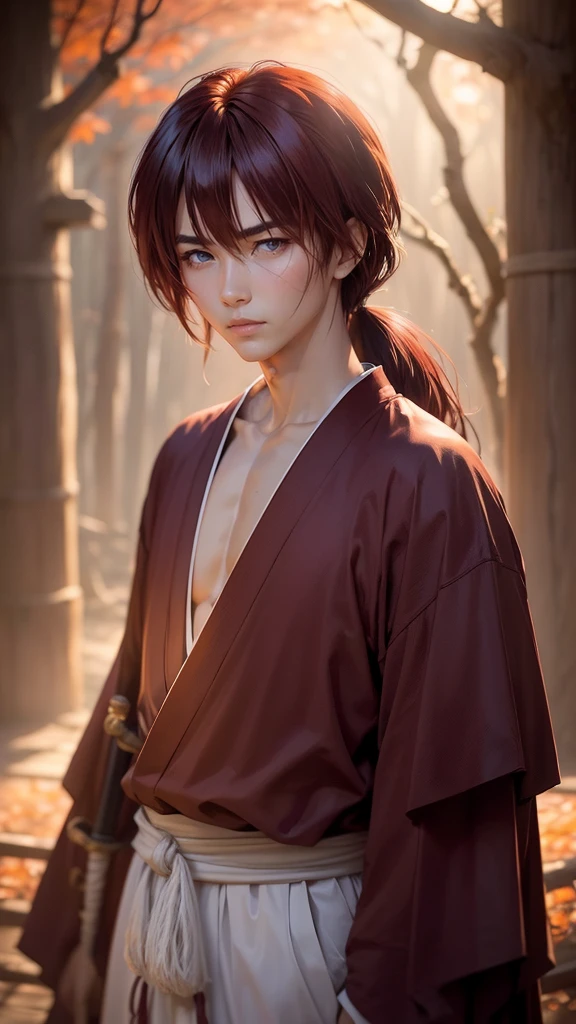 Kenshin Himura（Sword Sai）、Portraiture、Black Hair、samurai、Calm expression、Flowing red hair、A look of determination、Traditional Japanese Clothing、Depicted in a dynamic pose、Soft Ambient Lighting、Bright colors、Bamboo forest background、X mark on face、X mark on left cheek、The x mark on the face is dark、The x mark on the face is large、37 years old、Photographed from the front