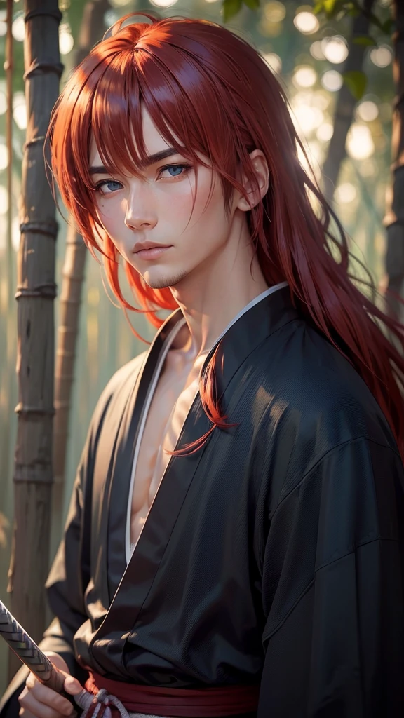 Kenshin Himura（Sword Sai）、Portraiture、Black Hair、samurai、Calm expression、Flowing red hair、A look of determination、Traditional Japanese Clothing、Depicted in a dynamic pose、Soft Ambient Lighting、Bright colors、Bamboo forest background、X mark on face、X mark on left cheek、The x mark on the face is dark、The x mark on the face is large、37 years old、Photographed from the front