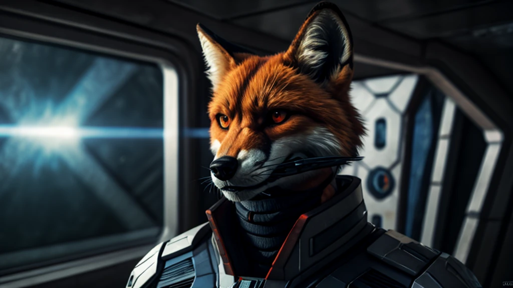 a progressive, sovereign, aggressive, wicked, bad, evil, redfox, in background a futuristic violent starship command bridge, wearing a futuristic diplomatic suit, headshot, best quality, masterpiece, detailed, highres, top quality, best quality, correctly eyes, anatomically correct,
