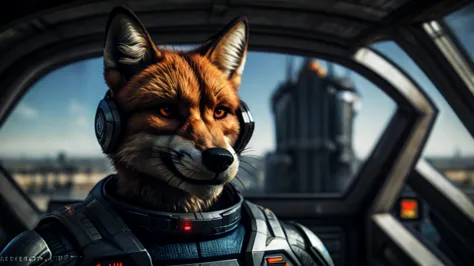 a progressive, sovereign, aggressive, wicked, bad, evil, redfox, in background a futuristic violent starship command bridge, wea...