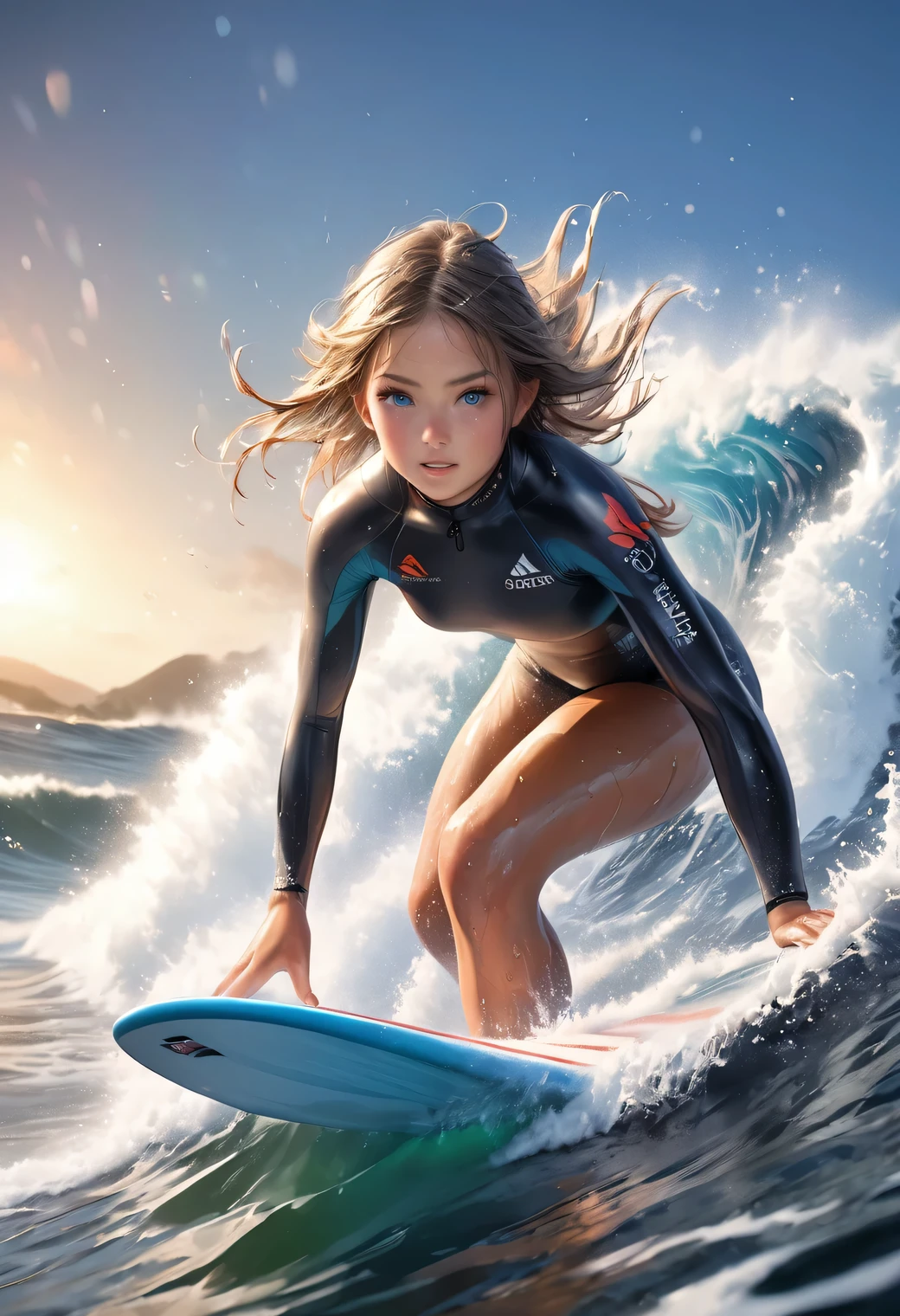 a dynamic sports photography scene, 1girl, cute girl surfing, powerful surfing scene, big wave, beautiful riding pose, stunning surfing riding, detailed cute face and  eyes, (best quality,4k,8k,highres,masterpiece:1.2),ultra-detailed,(realistic,photorealistic,photo-realistic:1.37),HDR,studio lighting,vivid colors,wet skin, big  wave, Splashing waves, prism effect, bokeh,photography, face focus:1.2